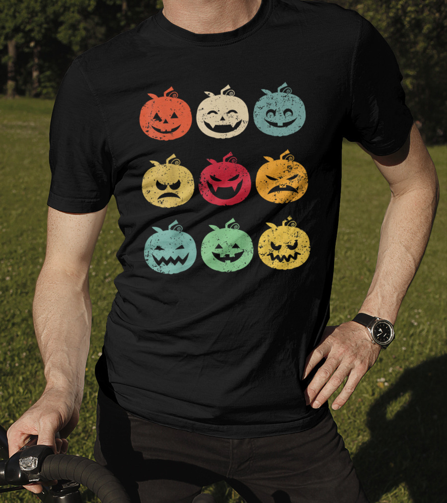 Vintage Pumpkin Emoji Halloween Faces In Nine Colorful Expressions T-Shirt