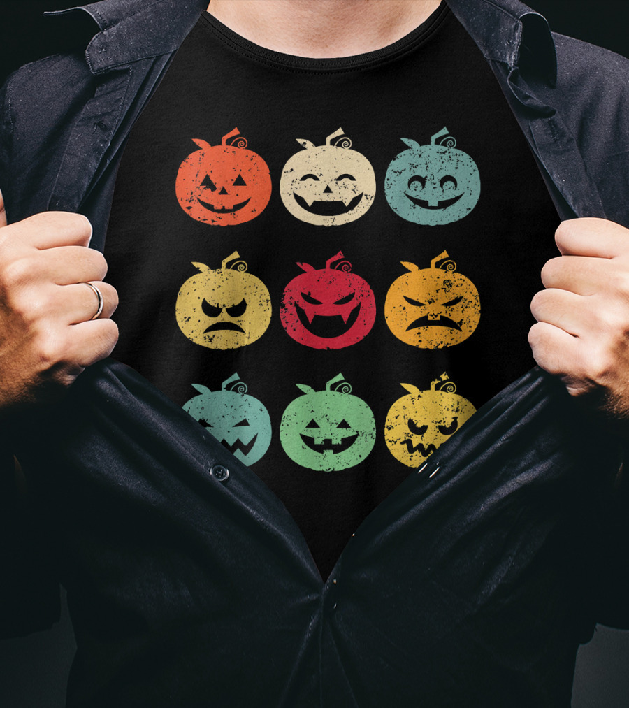 Vintage Pumpkin Emoji Halloween Faces In Nine Colorful Expressions T-Shirt