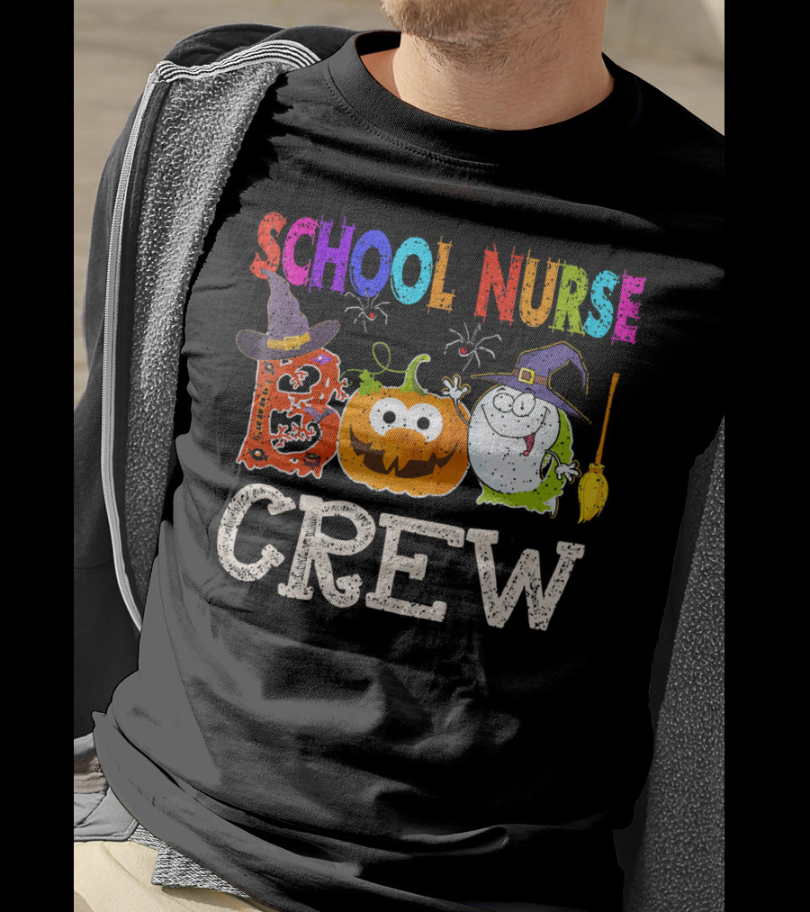 School Nurse Boo Crew Halloween Pumpkin Ghost Witches Hat Broom T-Shirt
