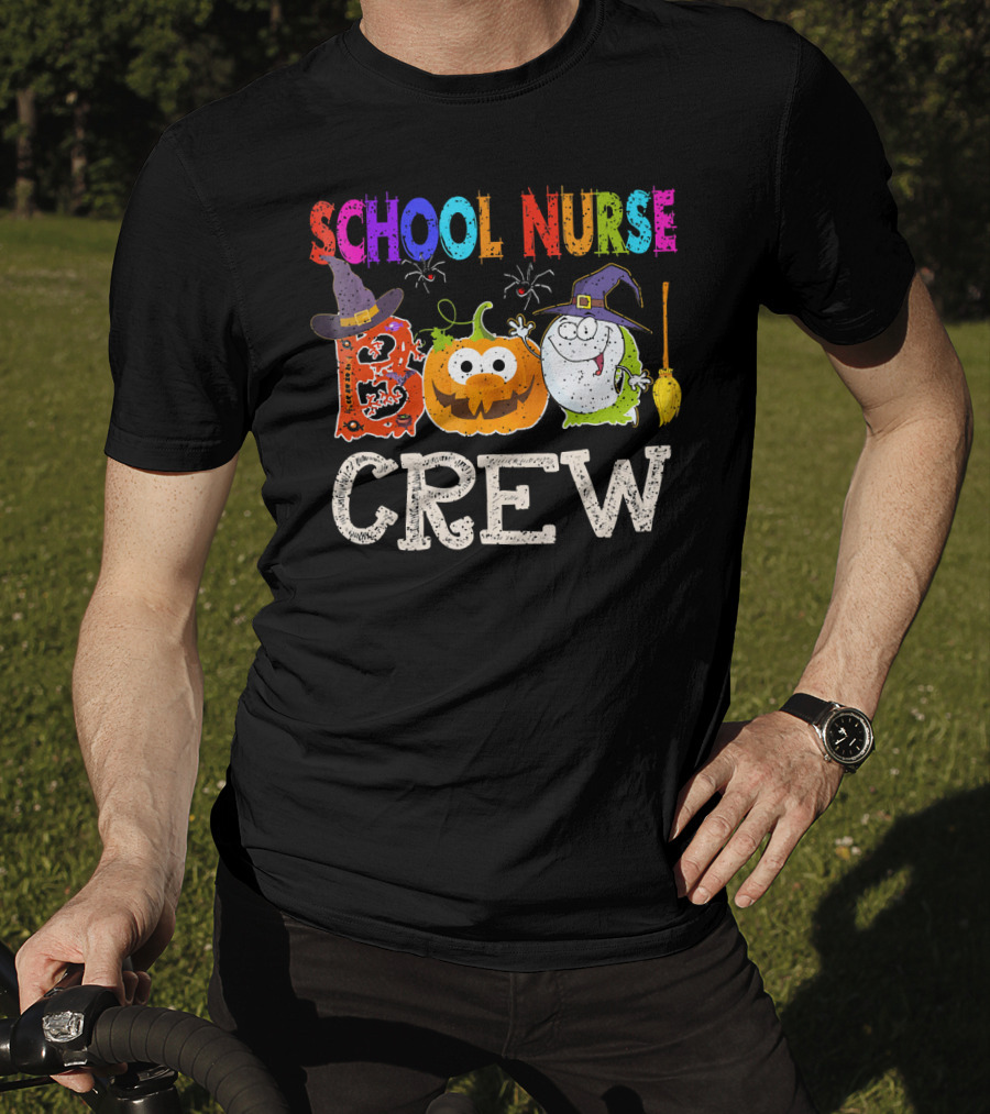 School Nurse Boo Crew Halloween Pumpkin Ghost Witches Hat Broom T-Shirt