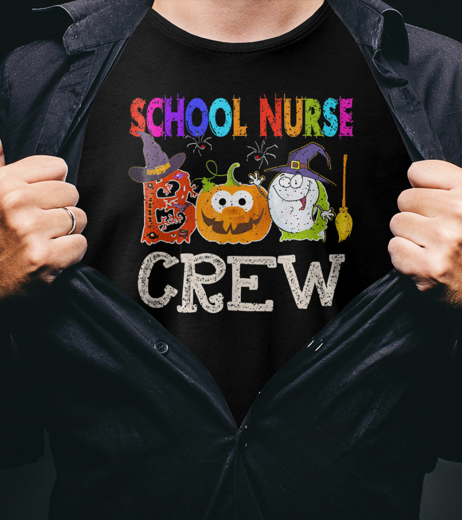 School Nurse Boo Crew Halloween Pumpkin Ghost Witches Hat Broom T-Shirt