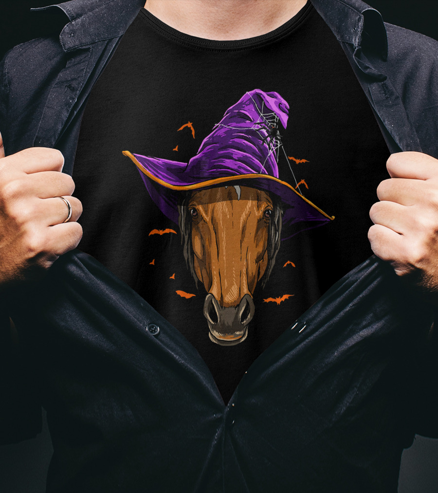 Horse With Purple Witch Hat Surrounded By Bats And Spider Web T-Shirt