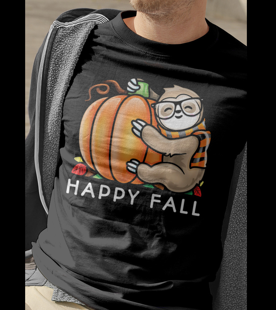 Happy Fall Cute Sloth Glasses Scarf Pumpkin Hug T-Shirt