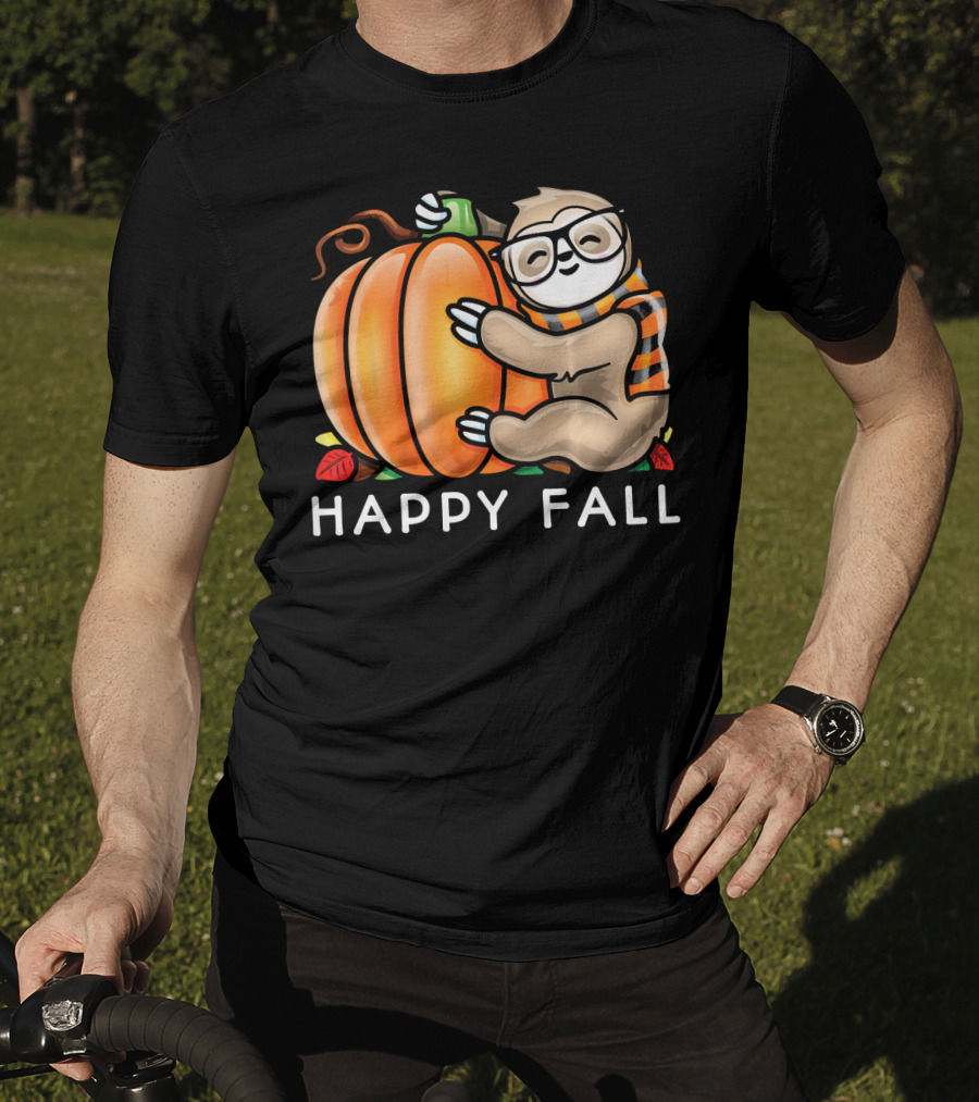 Happy Fall Cute Sloth Glasses Scarf Pumpkin Hug T-Shirt