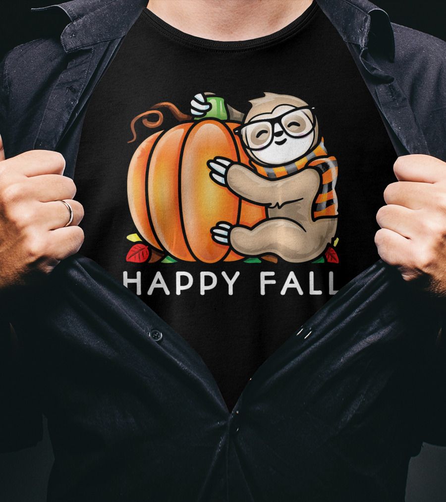 Happy Fall Cute Sloth Glasses Scarf Pumpkin Hug T-Shirt