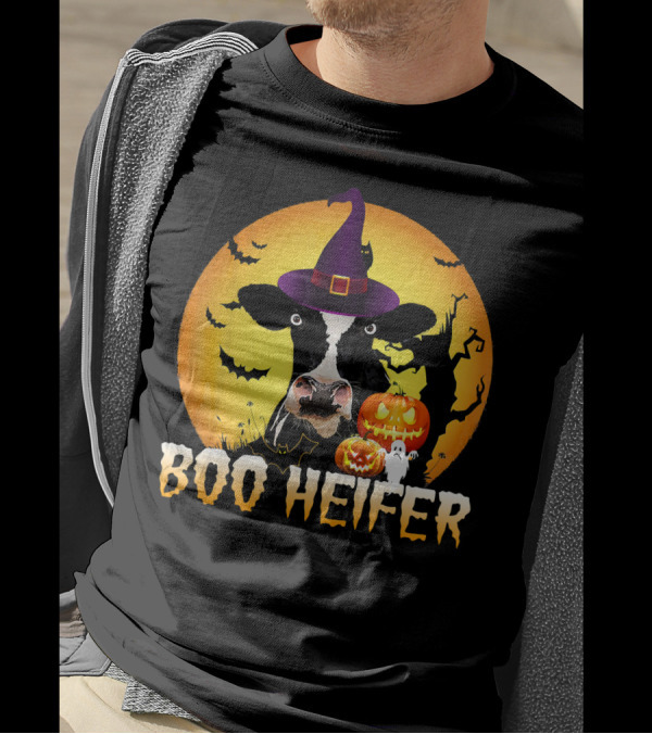 Boo Heifer Witch Hat Cow Halloween Moon Pumpkins Ghost T-Shirt