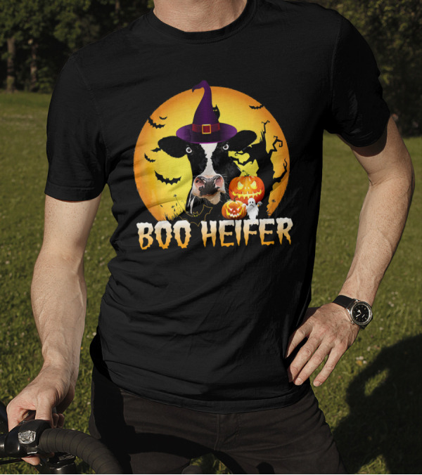 Boo Heifer Witch Hat Cow Halloween Moon Pumpkins Ghost T-Shirt
