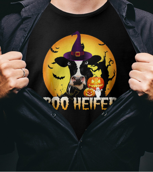 Boo Heifer Witch Hat Cow Halloween Moon Pumpkins Ghost T-Shirt