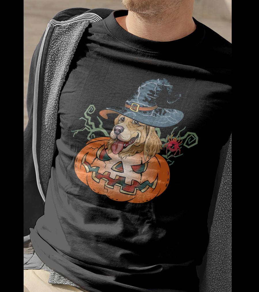 Halloween Golden Retriever Dog Lover Pumpkin Wizard Hat And Spider T-Shirt