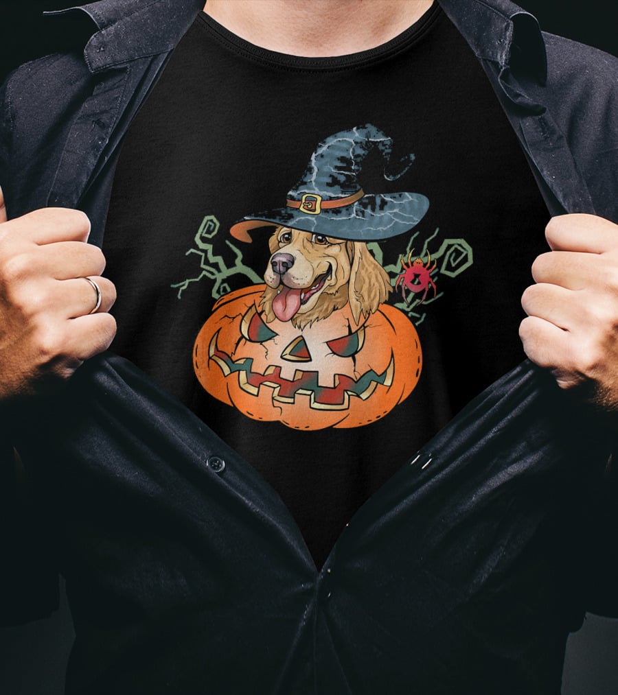 Halloween Golden Retriever Dog Lover Pumpkin Wizard Hat And Spider T-Shirt