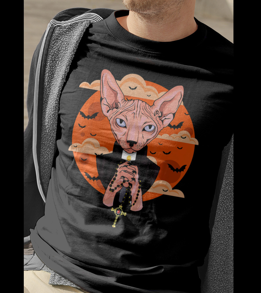 Funny Sphynx Priest With Rosary And Bats Hall T-Shirt