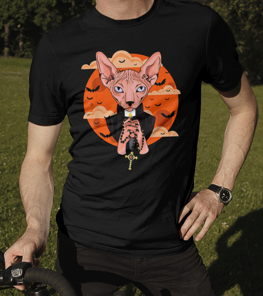 Funny Sphynx Priest With Rosary And Bats Hall T-Shirt