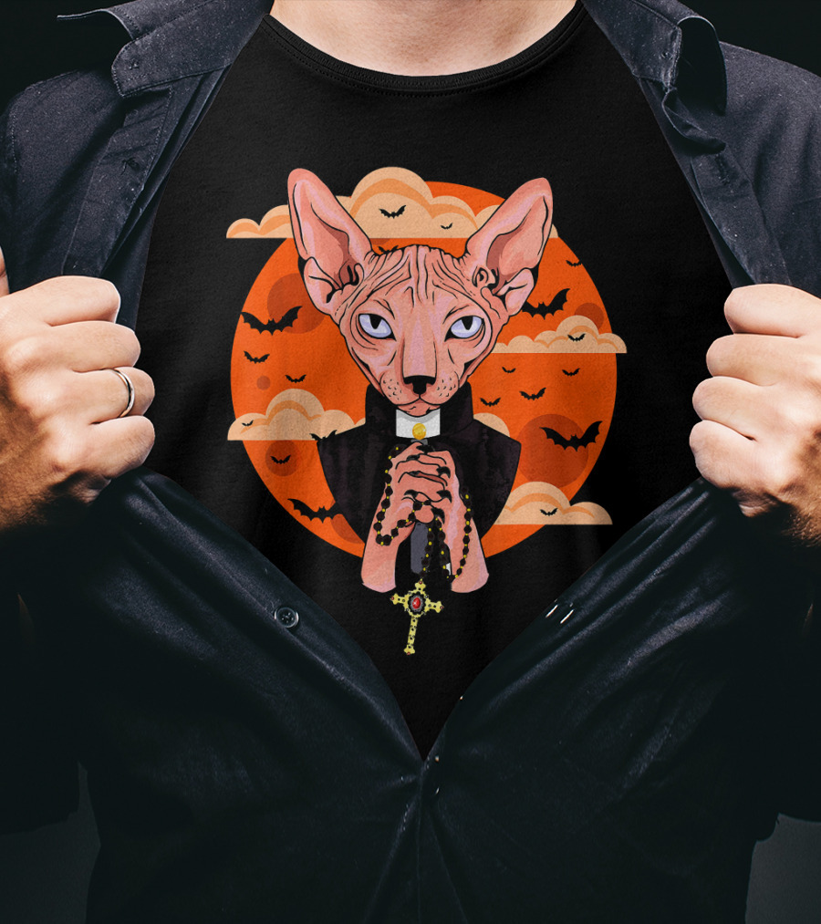 Funny Sphynx Priest With Rosary And Bats Hall T-Shirt