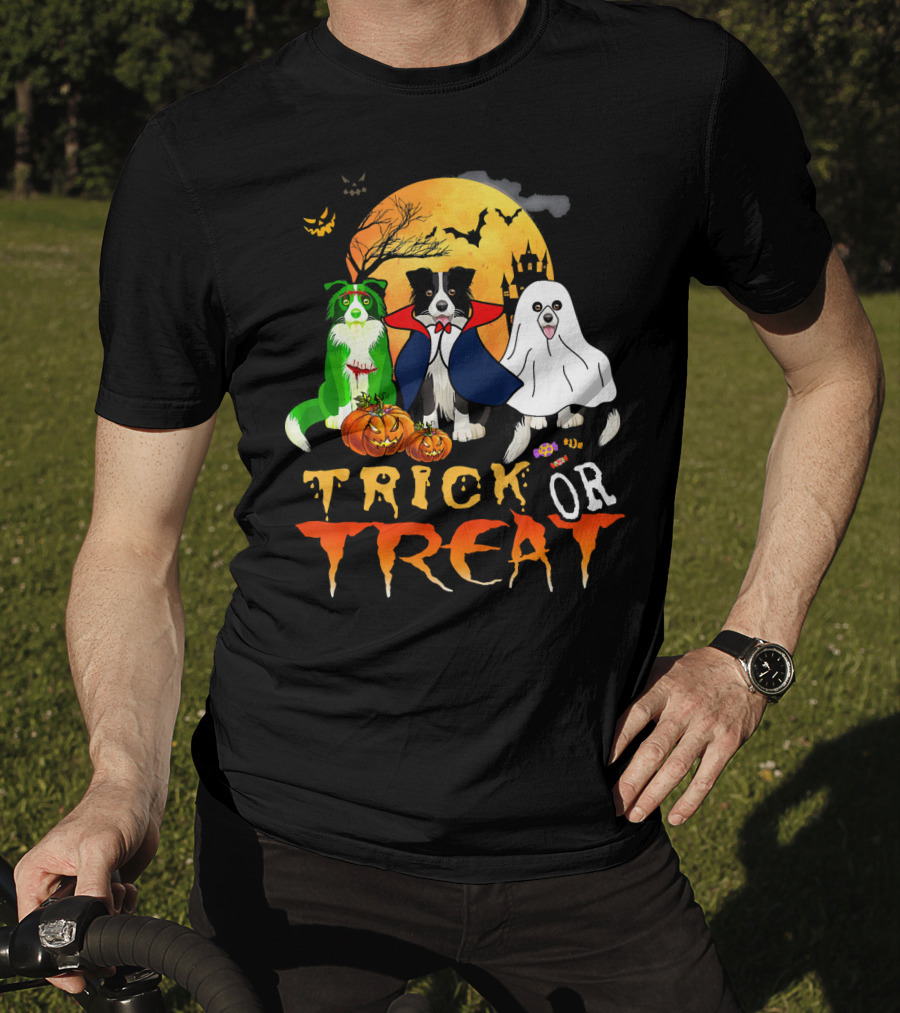 Trick Or Treat Halloween Border Collie Costumes Pumpkins Haunted Moon T-Shirt