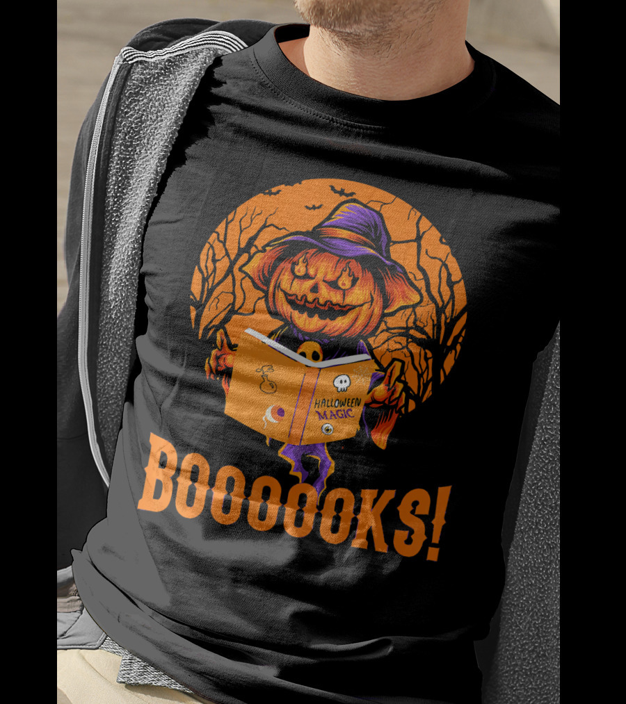 BOOOOKS Halloween Magic Pumpkin Reading Spooky Trees T-Shirt
