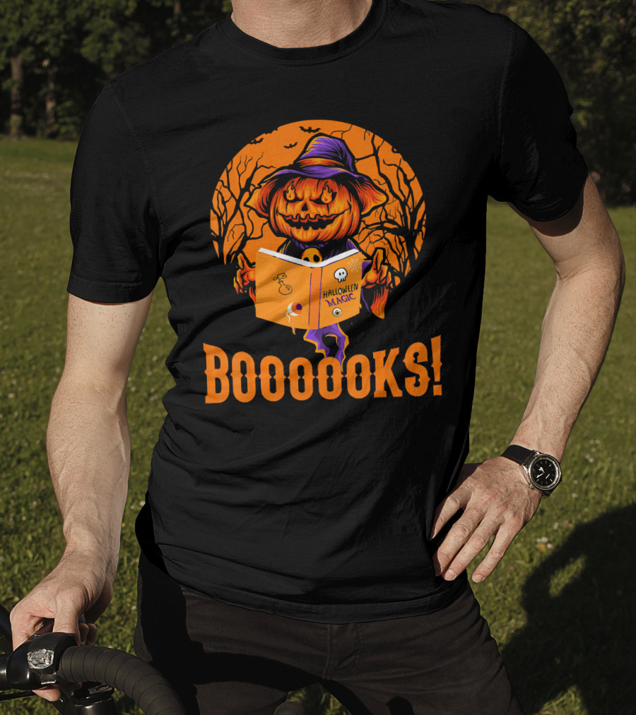 BOOOOKS Halloween Magic Pumpkin Reading Spooky Trees T-Shirt
