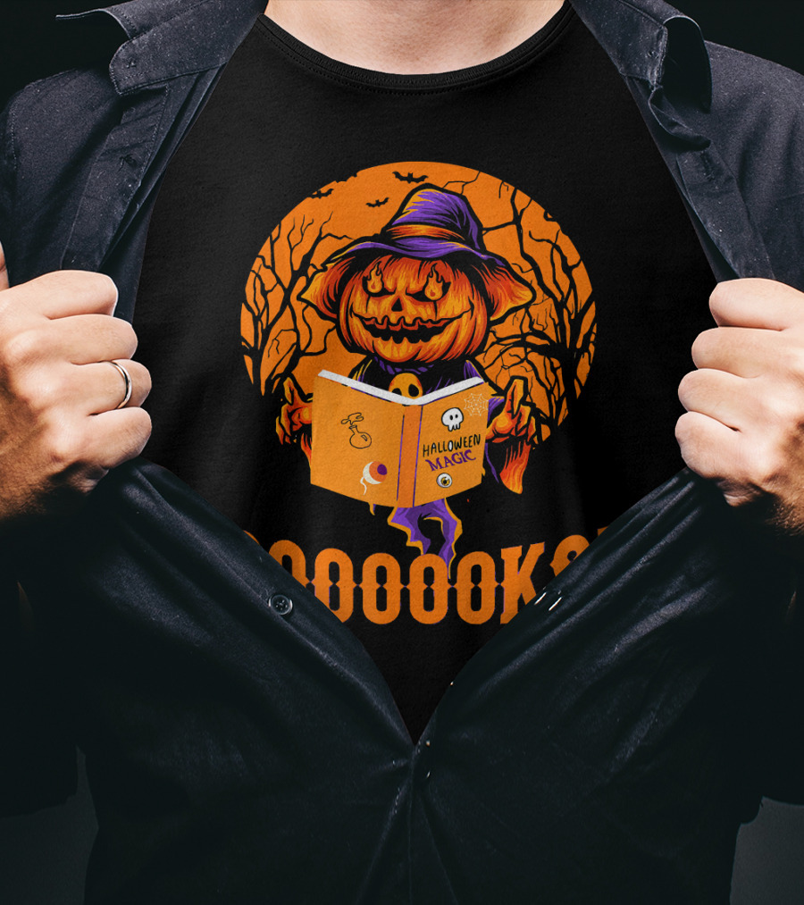 BOOOOKS Halloween Magic Pumpkin Reading Spooky Trees T-Shirt