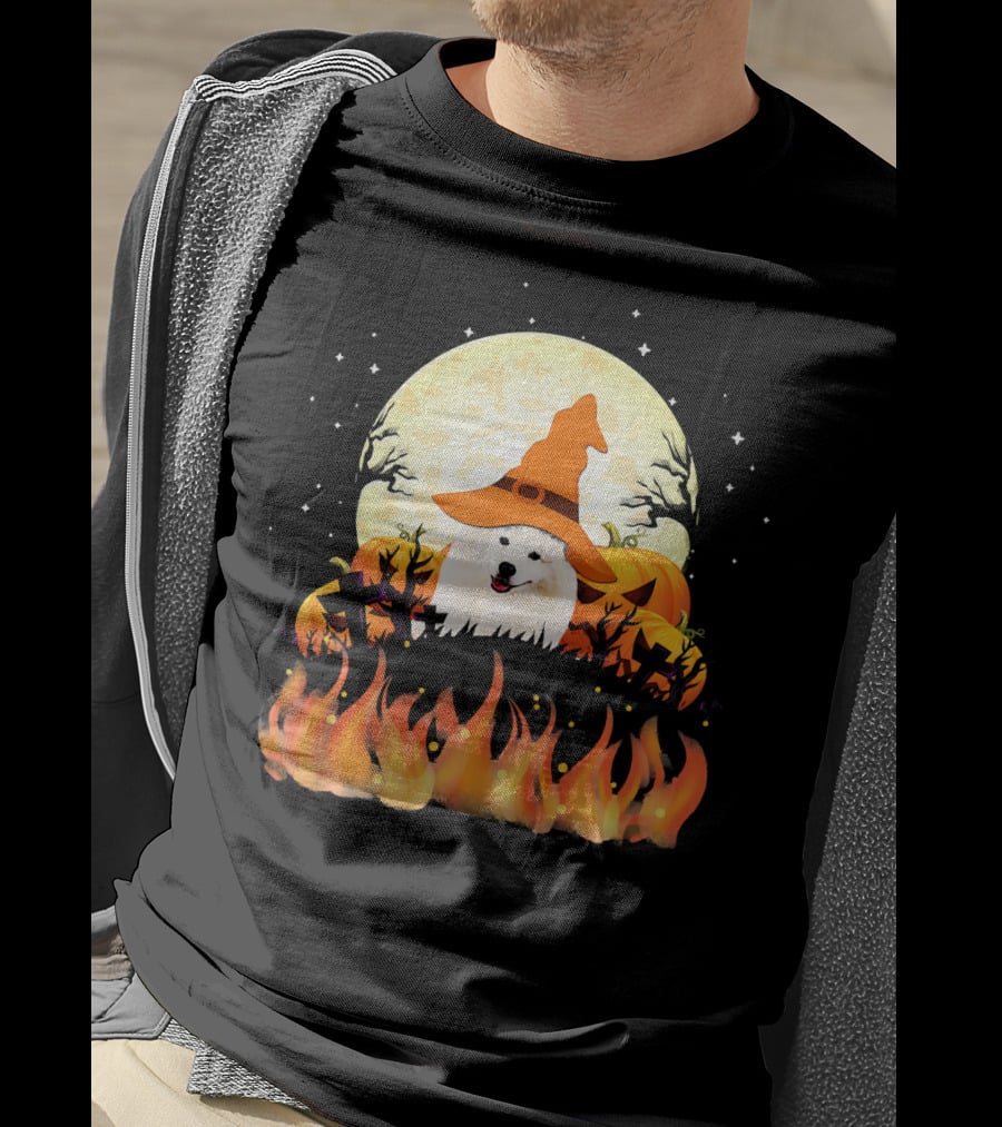 American Eskimo Dog Halloween Witch Moon Pumpkins Flames T-Shirt
