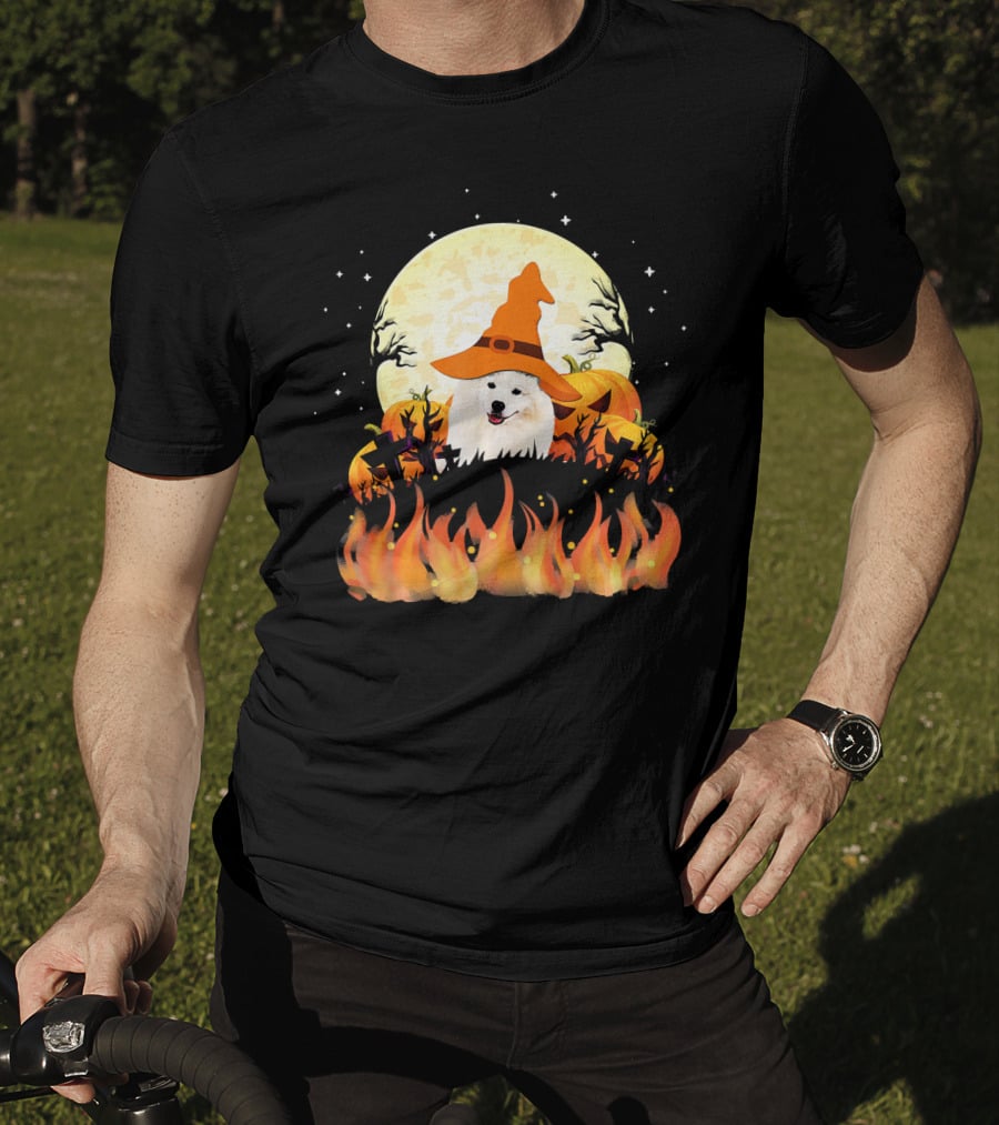 American Eskimo Dog Halloween Witch Moon Pumpkins Flames T-Shirt