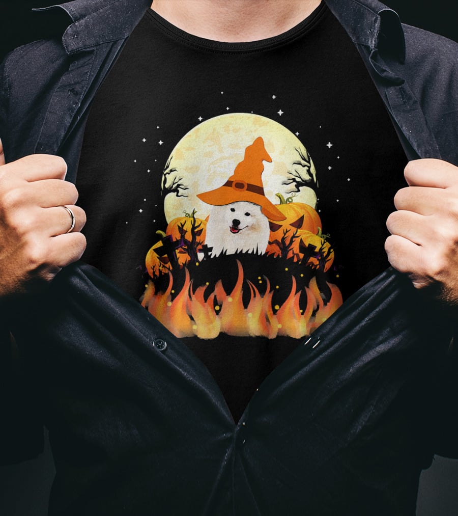 American Eskimo Dog Halloween Witch Moon Pumpkins Flames T-Shirt