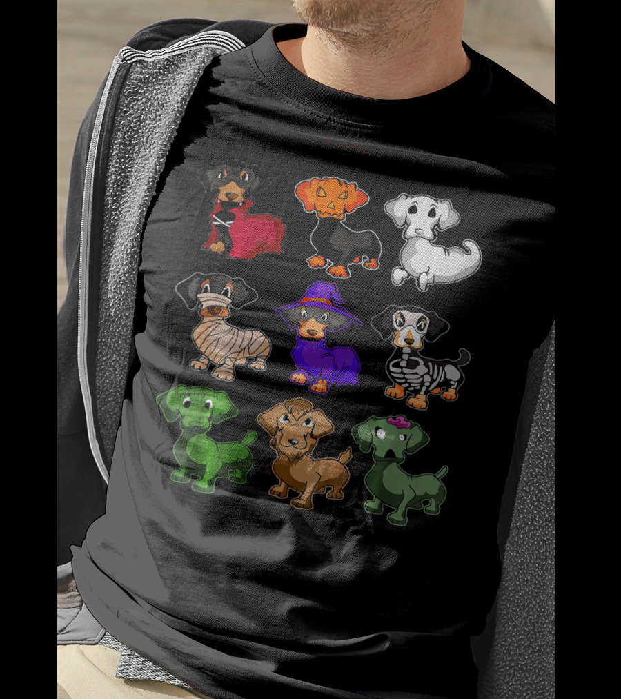 Dachshund Halloween Costumes Dracula Pumpkin Ghost Mummy Witch Skeleton Zombie Frankenstein T-Shirt