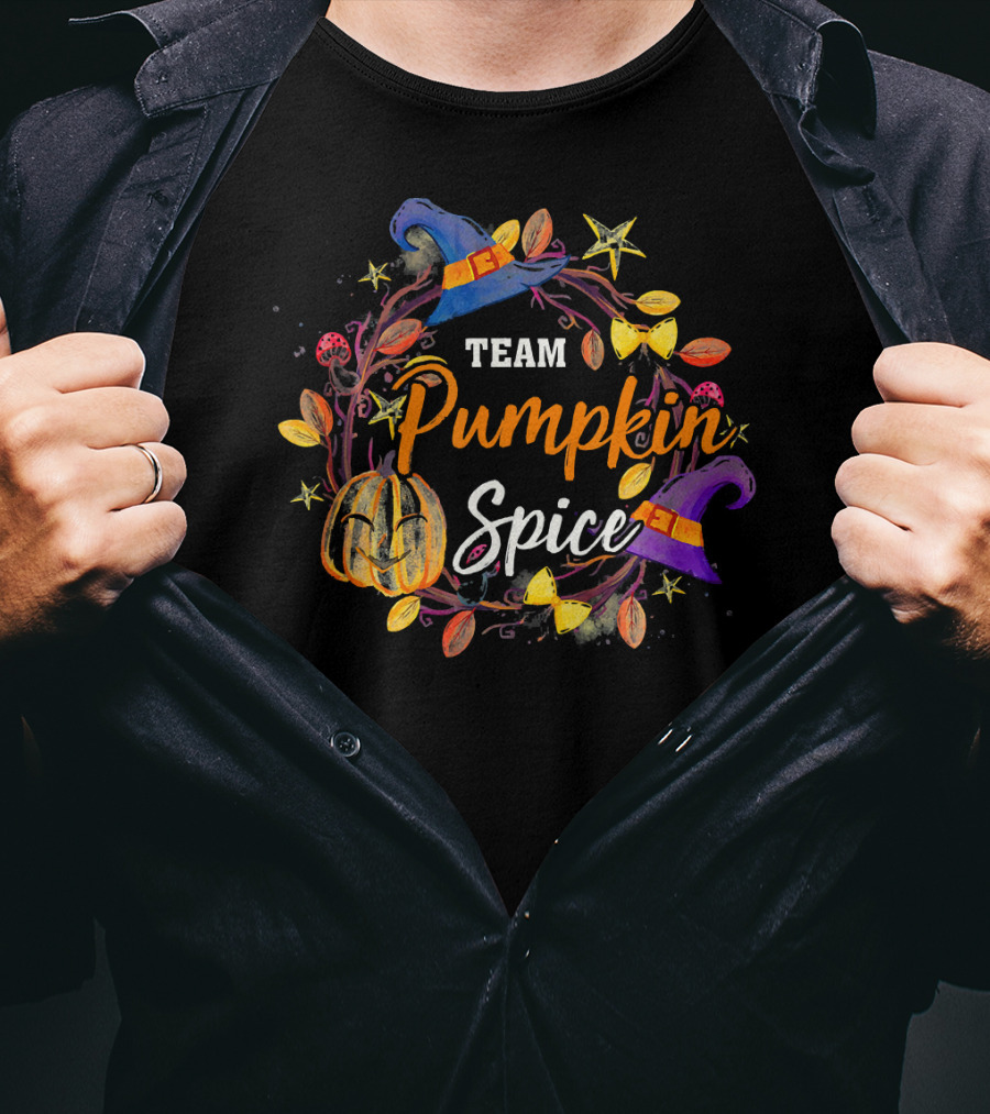 Team Pumpkin Spice Wreath With Witch Hats And Autumn Elements T-Shirt