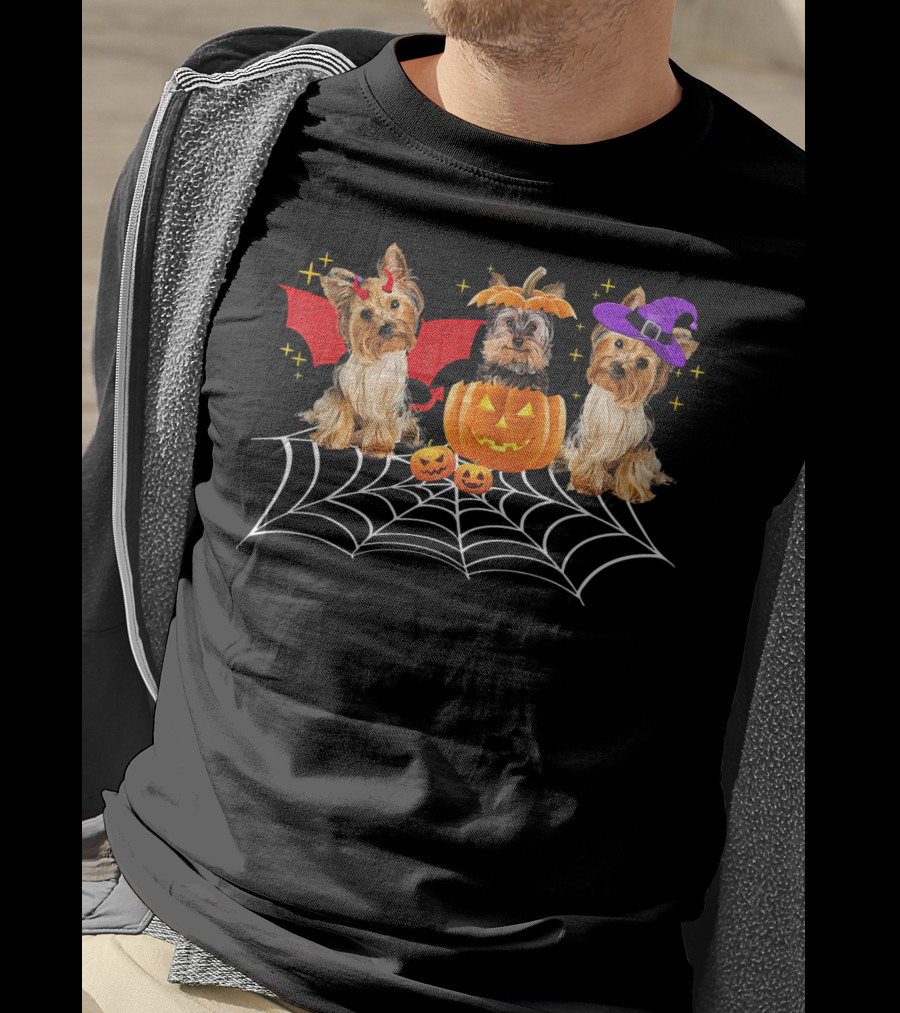 Halloween Yorkshire Terriers Pumpkin Bat Witch Spider Web T-Shirt