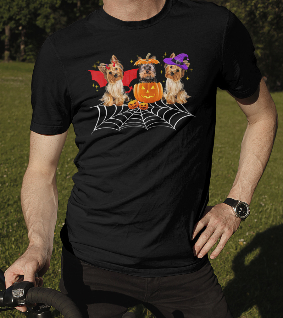 Halloween Yorkshire Terriers Pumpkin Bat Witch Spider Web T-Shirt