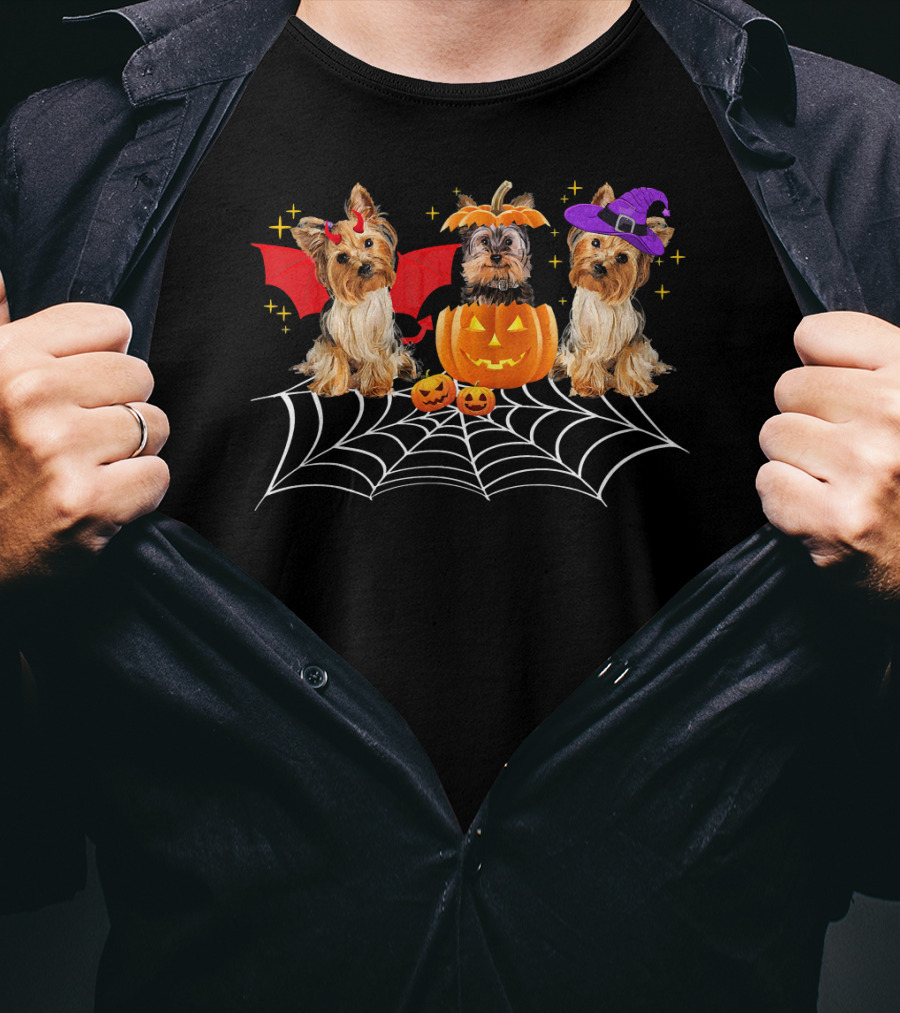Halloween Yorkshire Terriers Pumpkin Bat Witch Spider Web T-Shirt