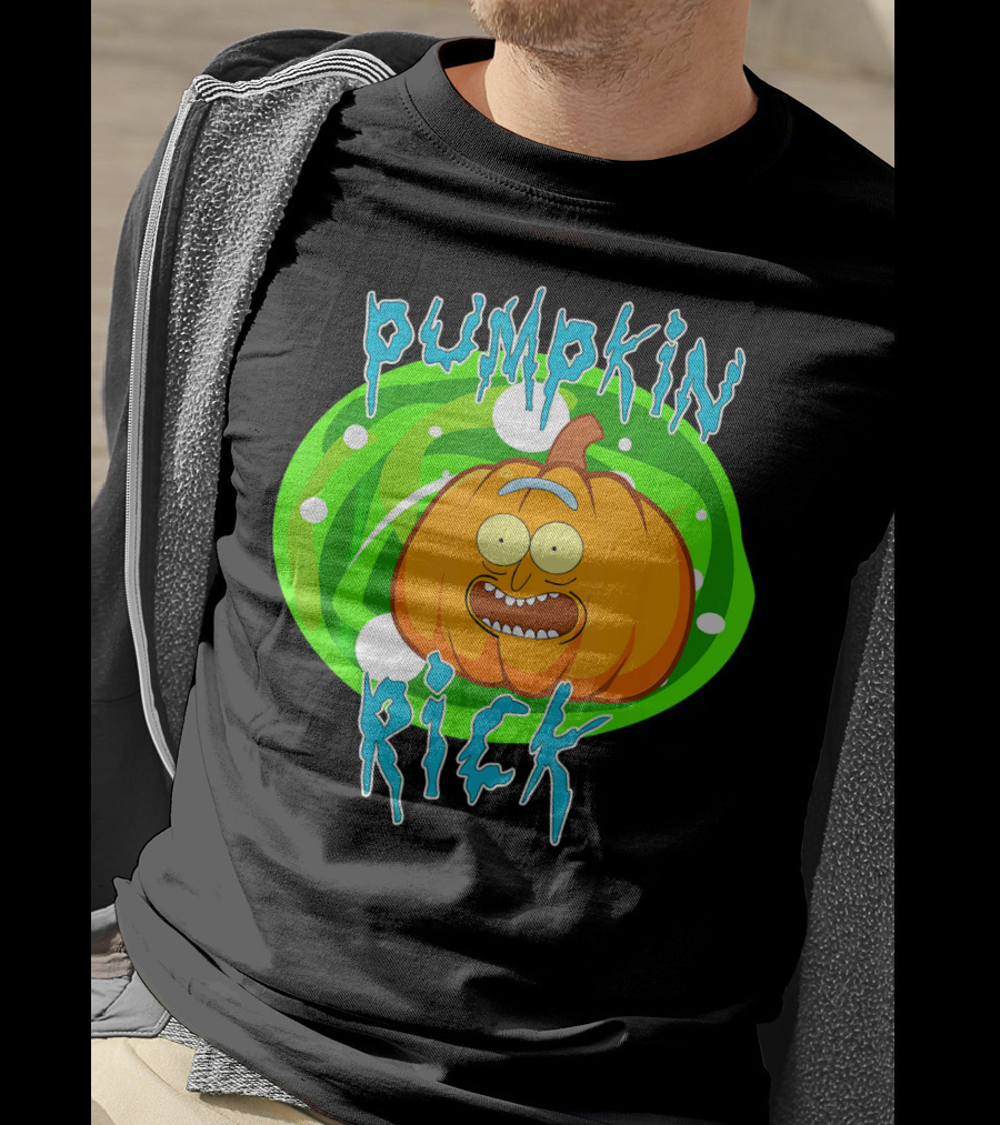 Pumpkin Rick Halloween Parody With Green Portal And Cartoon Face T-Shirt