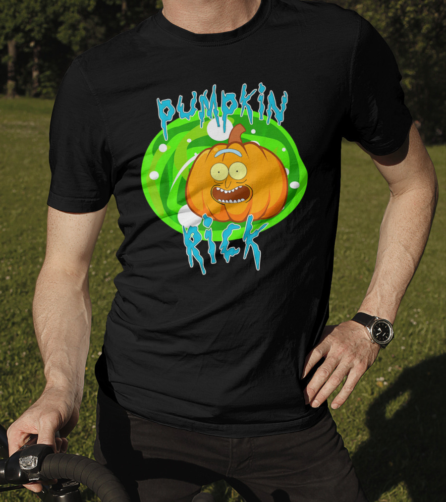 Pumpkin Rick Halloween Parody With Green Portal And Cartoon Face T-Shirt