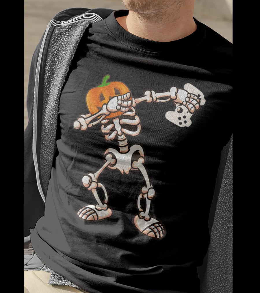Halloween Dabbing Skeleton Pumpkin Head Video Game Controller T-Shirt
