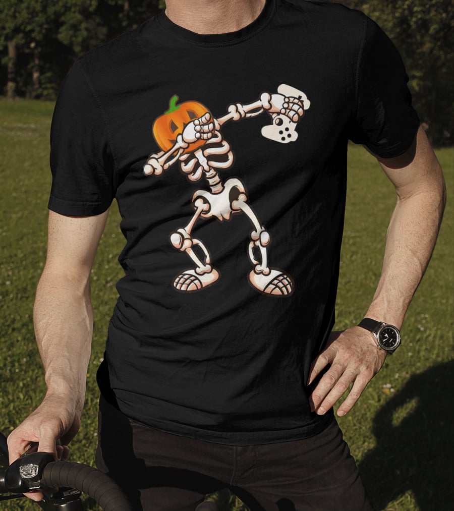 Halloween Dabbing Skeleton Pumpkin Head Video Game Controller T-Shirt