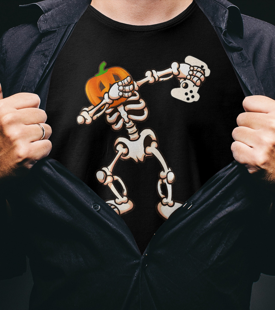 Halloween Dabbing Skeleton Pumpkin Head Video Game Controller T-Shirt
