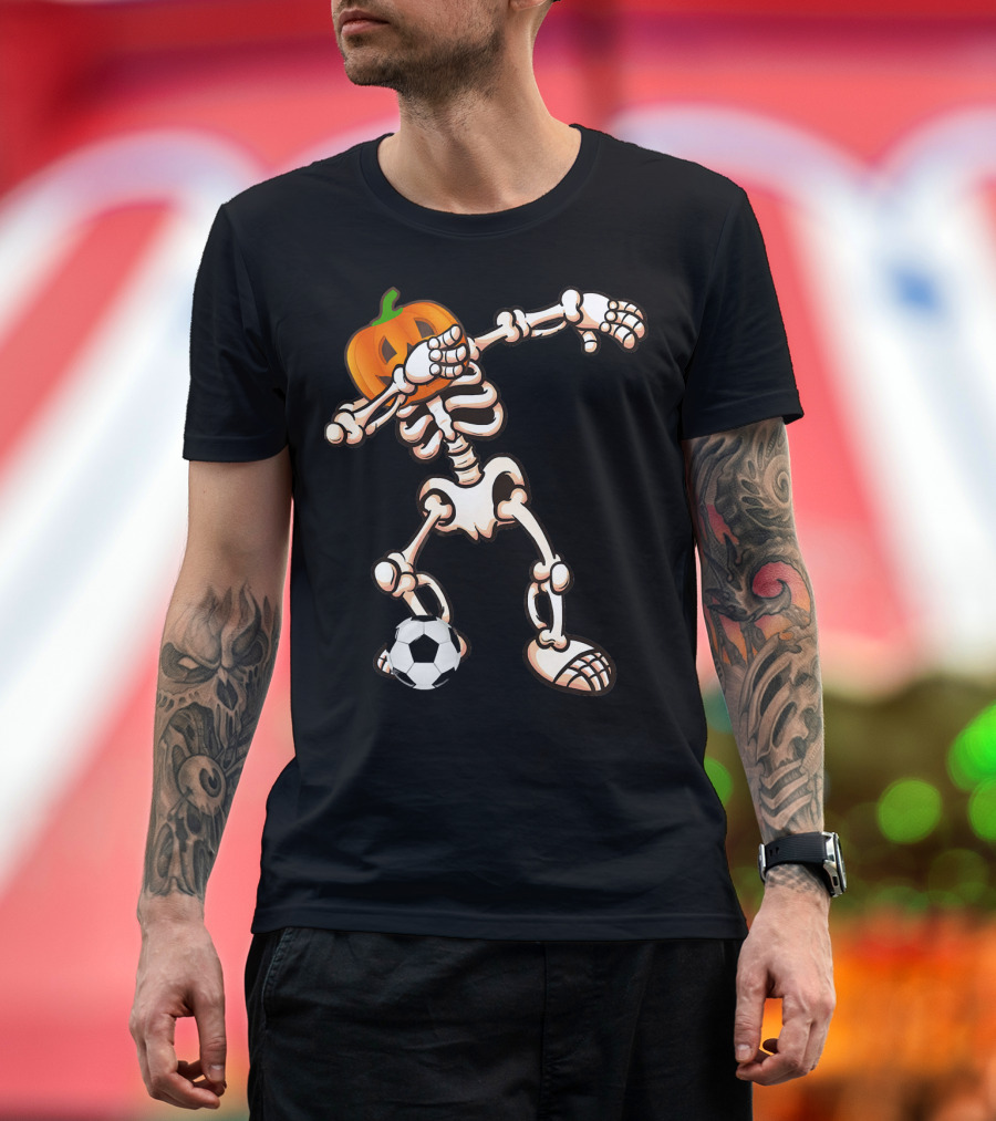 Funny Halloween Dabbing Skeleton Pumpkin Head with Soccer Ball T-Shirt