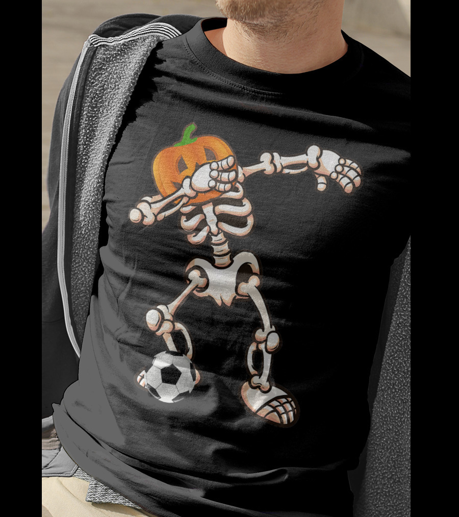 Funny Halloween Dabbing Skeleton Pumpkin Head With Soccer Ball T-Shirt