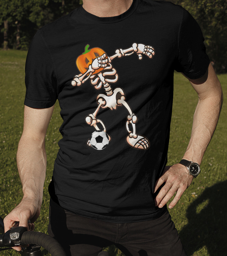 Funny Halloween Dabbing Skeleton Pumpkin Head With Soccer Ball T-Shirt