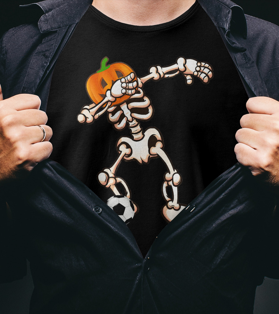 Funny Halloween Dabbing Skeleton Pumpkin Head With Soccer Ball T-Shirt
