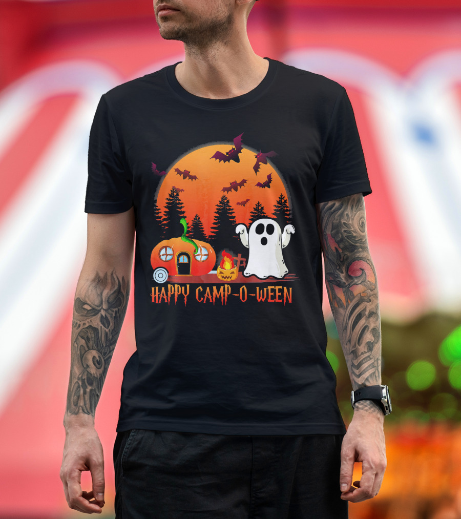 Happy Camp O Ween Funny Pumpkin Boo Ghost Moon with Bat Silhouette in Spooky Forest T-Shirt