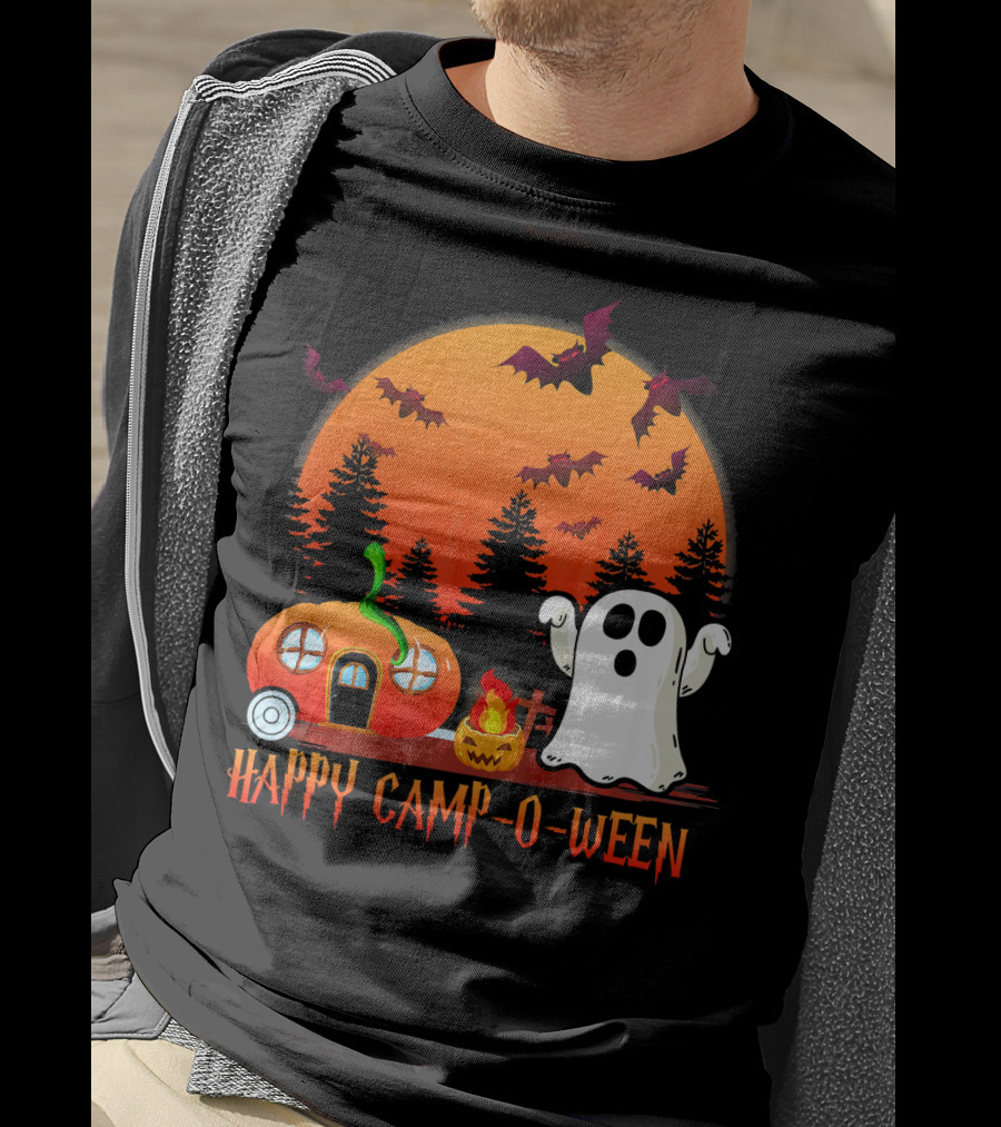 Happy Camp O Ween Funny Pumpkin Boo Ghost Moon With Bat Silhouette In Spooky Forest T-Shirt