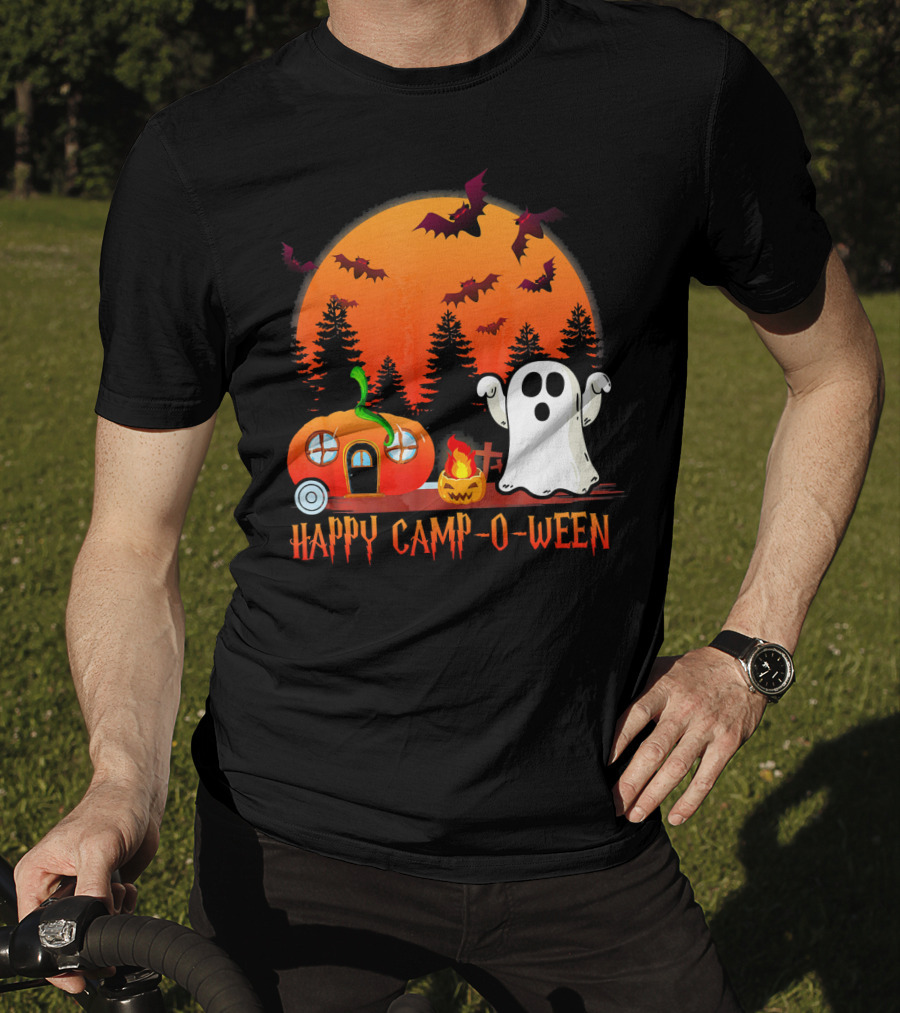Happy Camp O Ween Funny Pumpkin Boo Ghost Moon With Bat Silhouette In Spooky Forest T-Shirt