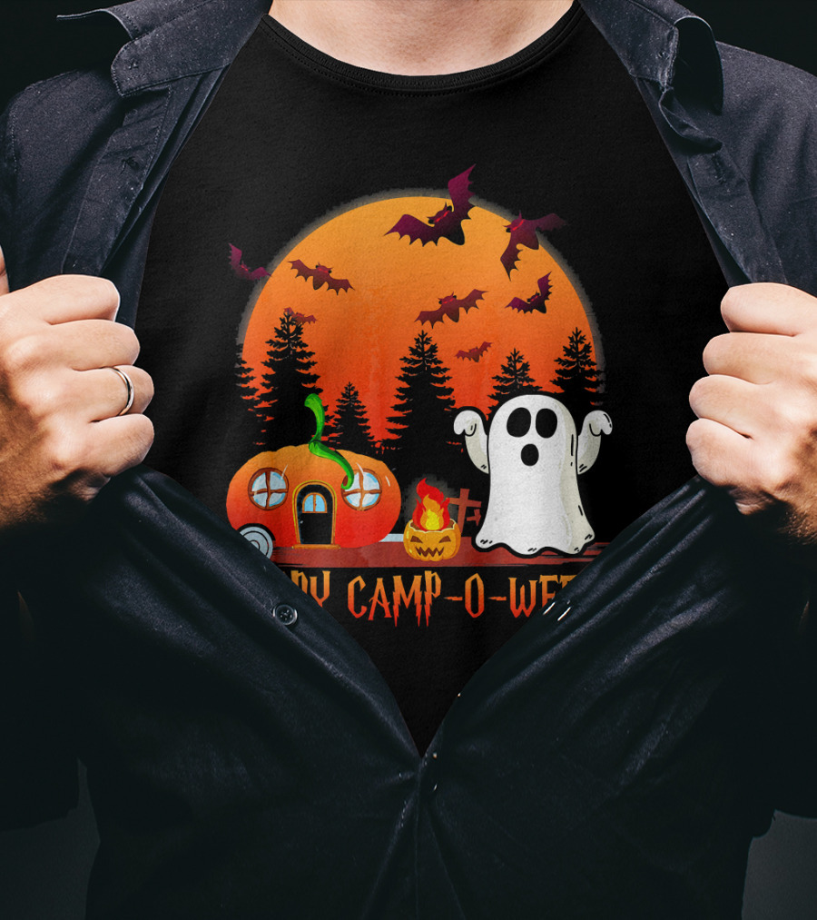 Happy Camp O Ween Funny Pumpkin Boo Ghost Moon With Bat Silhouette In Spooky Forest T-Shirt