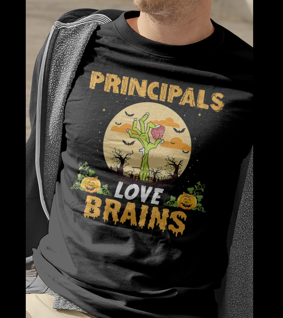 Principals Love Brains Zombies Halloween Moon Bats Pumpkins T-Shirt