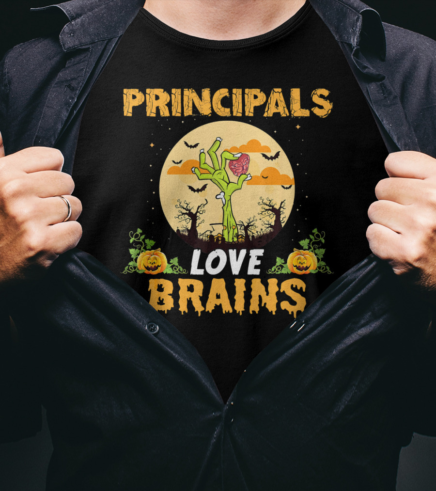 Principals Love Brains Zombies Halloween Moon Bats Pumpkins T-Shirt