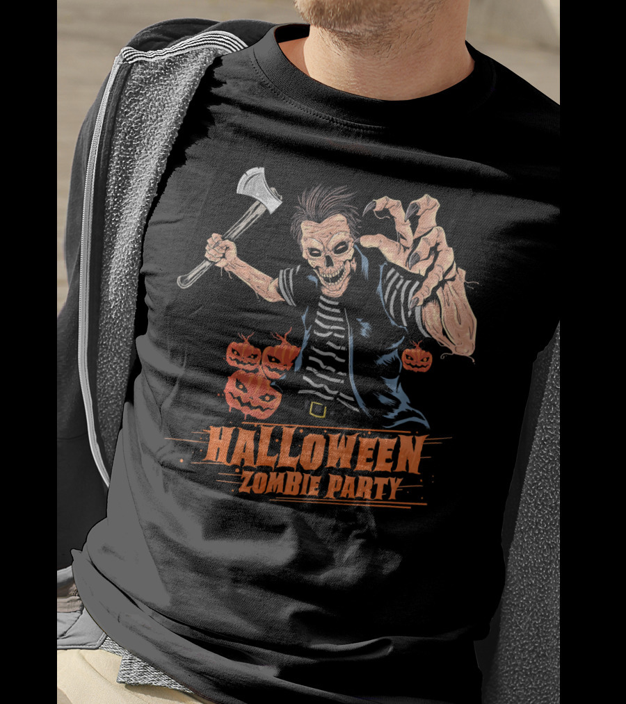 Halloween Zombie Party Scary Zom Axe-Wielding Zombie And Pumpkins T-Shirt