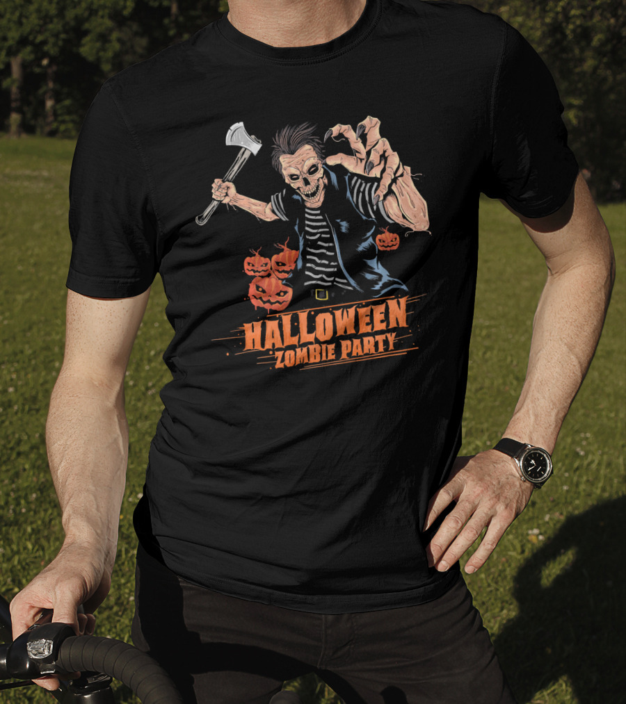 Halloween Zombie Party Scary Zom Axe-Wielding Zombie And Pumpkins T-Shirt