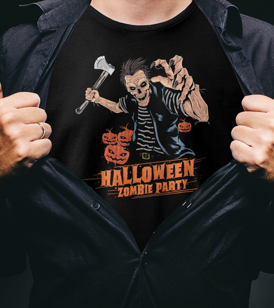 Halloween Zombie Party Scary Zom Axe-Wielding Zombie And Pumpkins T-Shirt