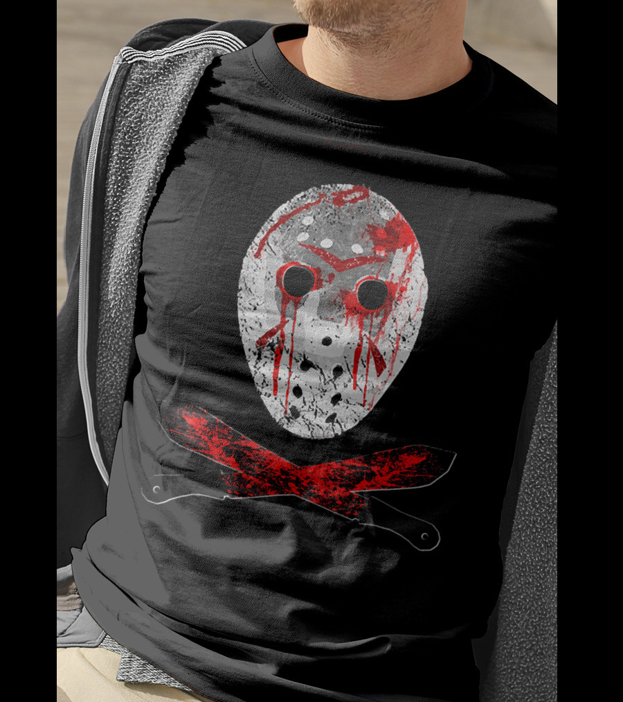 Friday The 13th Jason Mask Bloody Machete Crossed Horror T-Shirt