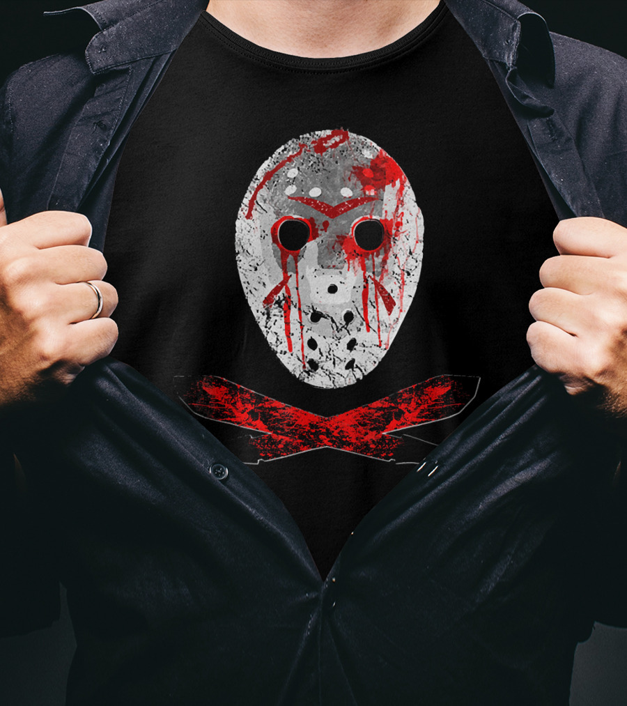 Friday The 13th Jason Mask Bloody Machete Crossed Horror T-Shirt