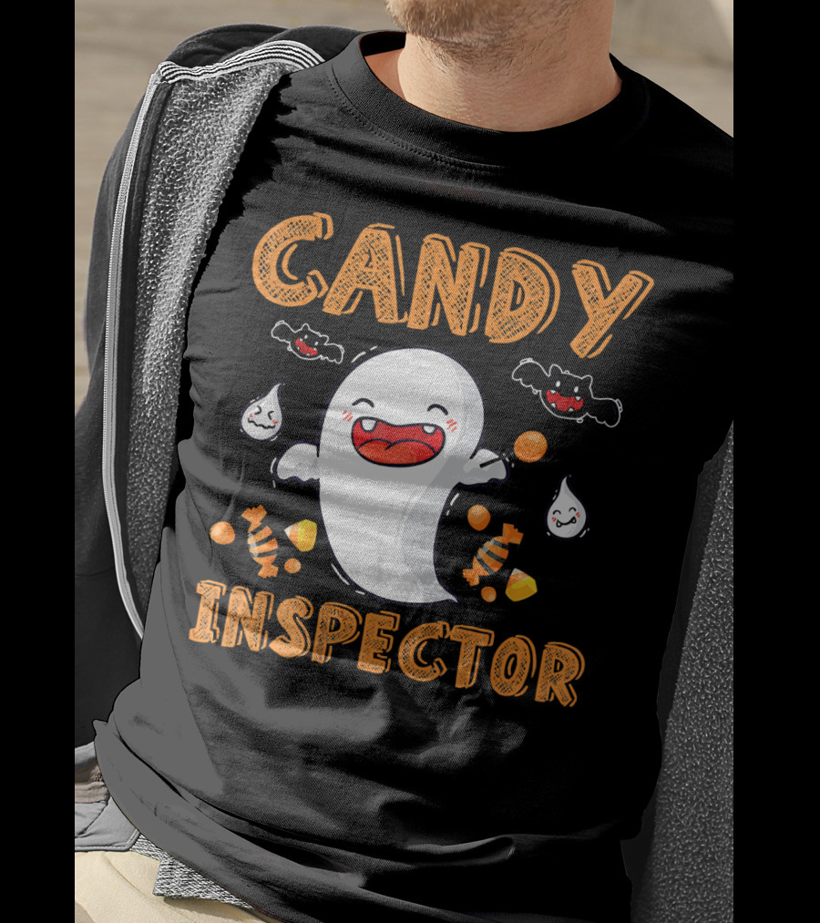 Candy Inspector Ghost Halloween Co Spooky Fun With Bats And Sweets T-Shirt